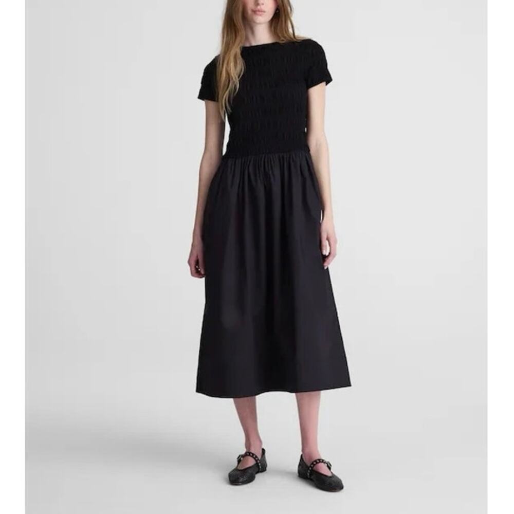 NWT Madewell Smocked Short Sleeve Boatneck Midi Dress Jet Black Size Medium